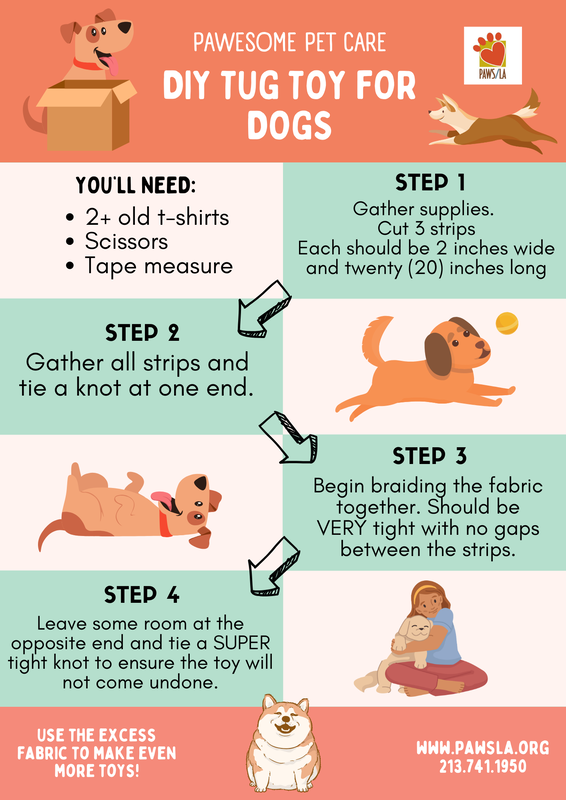 Cartoon infographic showing how to make a homemade tug toy from recycled t-shirts