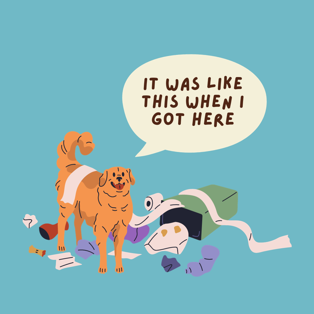 Funny cartoon of dog making a mess with trash