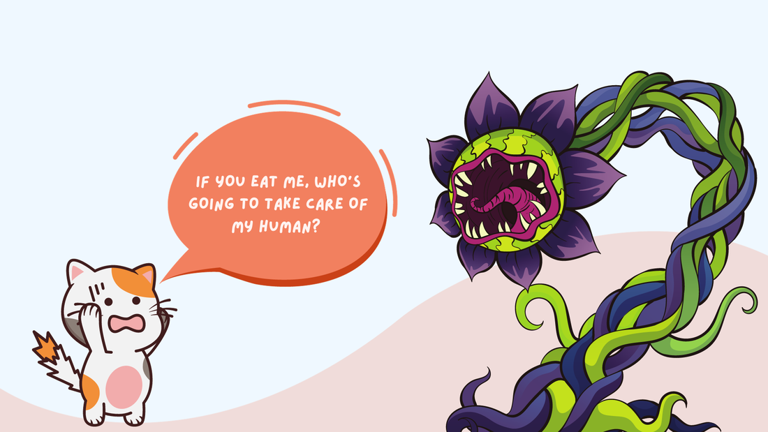 Humorous cartoon of plant monster scaring a  cartoon cat