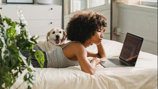 African American lady on laptop on bed with lab dogPicture