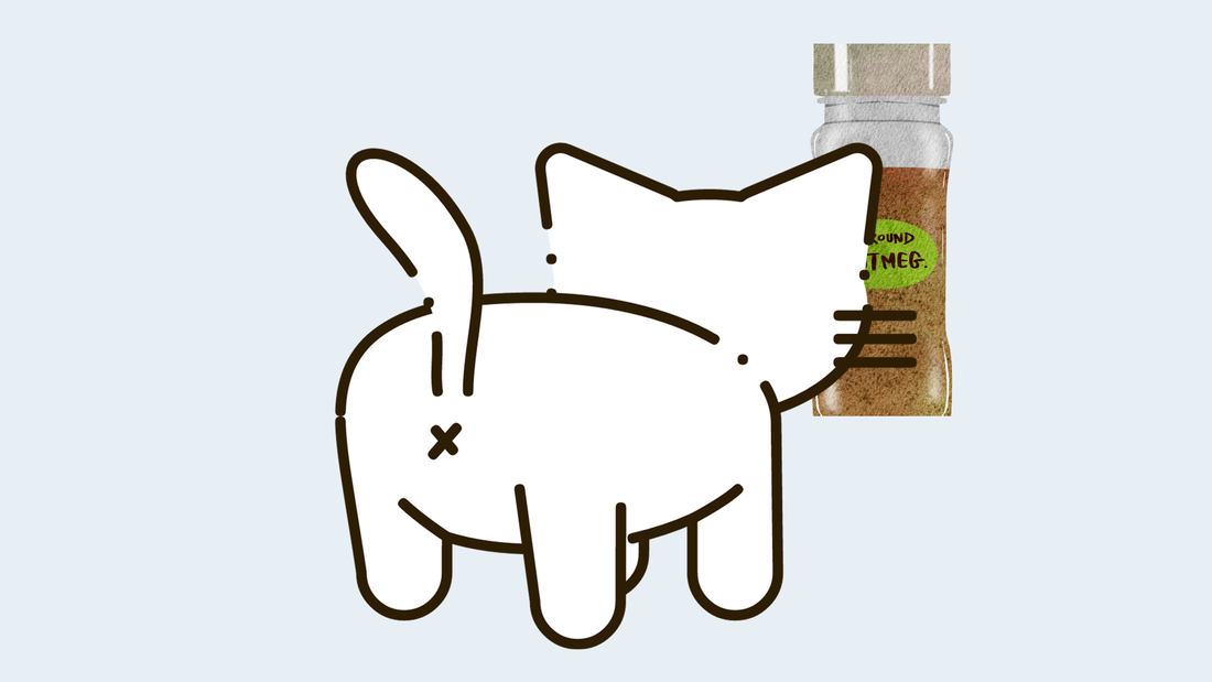white cartoon cat with it's rear showing looking at a nutmeg bottle image